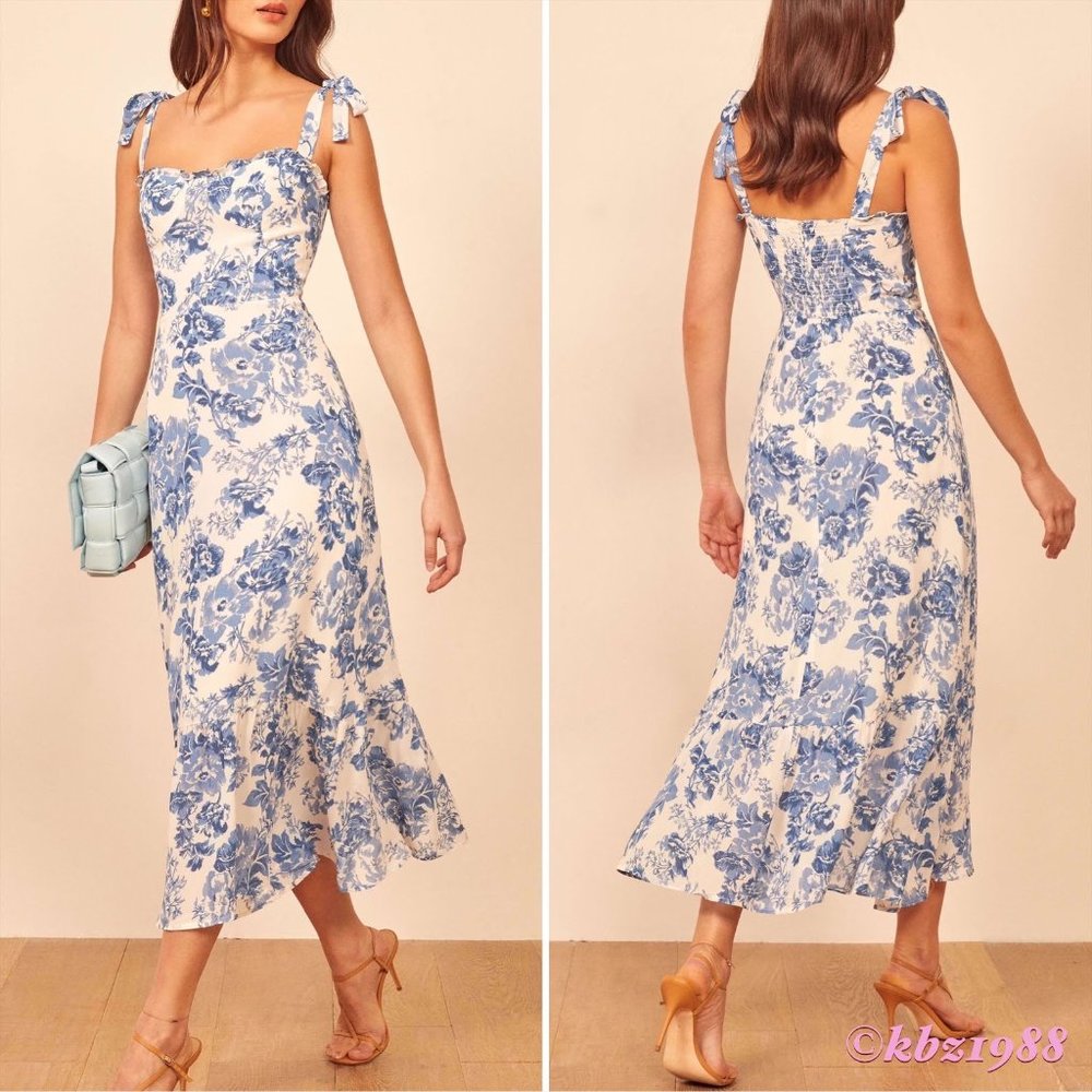 REFORMATION Nikita Olympia Blue & White Floral Toile Midi Dress Long Ruffle 4/S - Picture 1 of 16